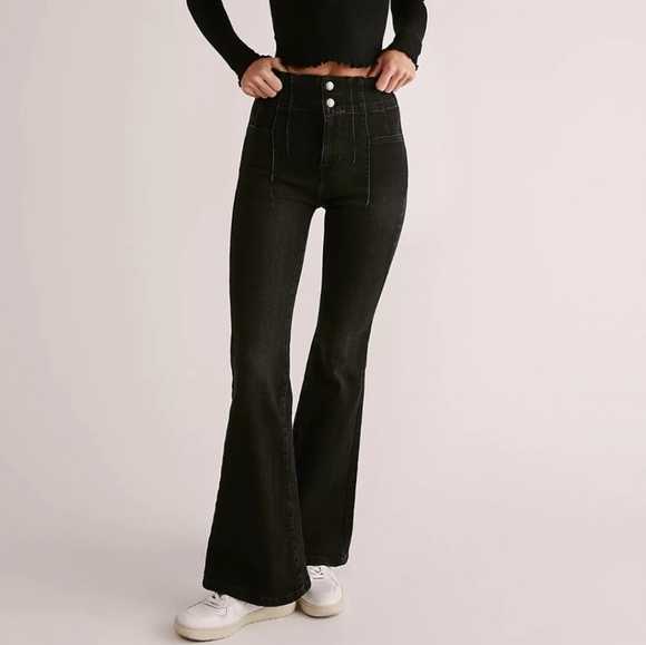 FREE PEOPLE Jayde Flare Jeans We The Free Wide Leg Bell Bottoms Washed Black 25 - Picture 2 of 13